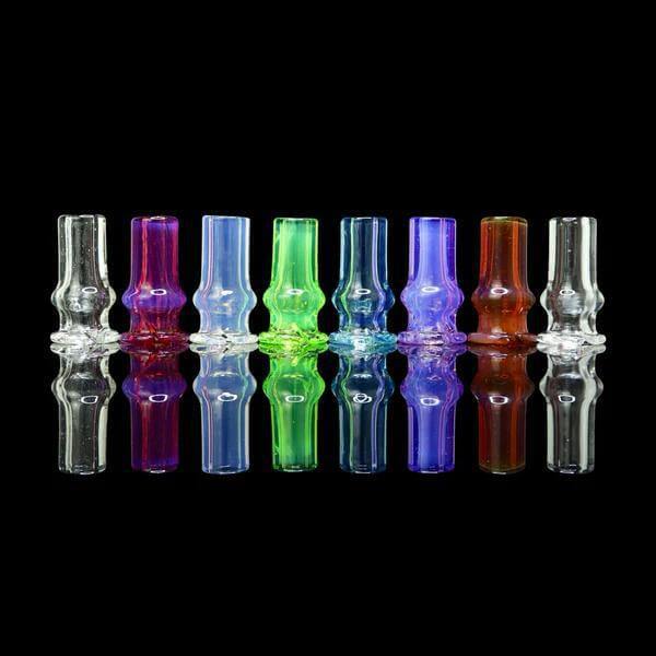 Tokr Glass Puffco Pivot Tip Glass Replacement Mouth Piece in various colors displayed on reflective surface.