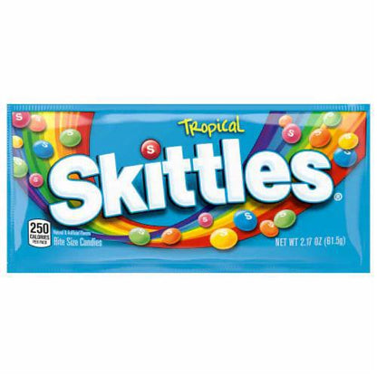 Tropical Skittles packaging featuring vibrant colors and fruity flavors in bite-sized candies.