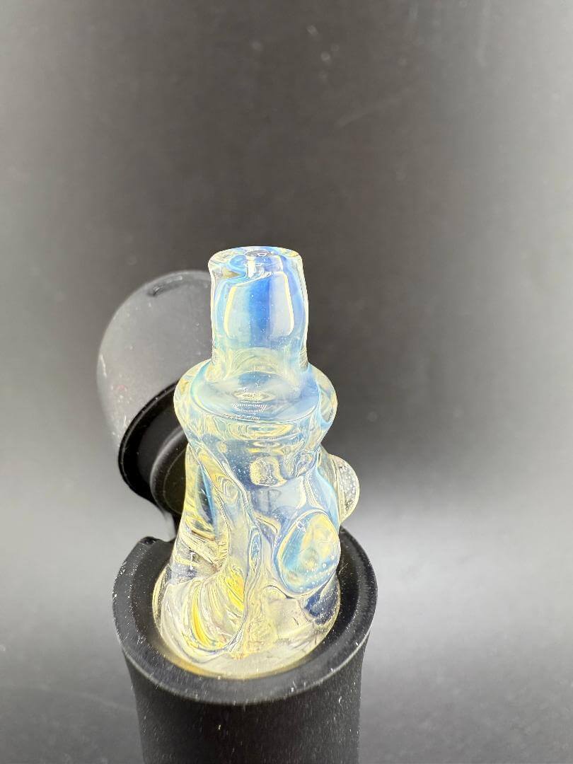 Handcrafted Tuck Glass Puffco Pivot Glass Replacement Top in blue and yellow inside a Puffco Peak Pro.