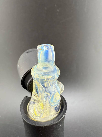 Handcrafted Tuck Glass Puffco Pivot Glass Replacement Top in blue and yellow inside a Puffco Peak Pro.