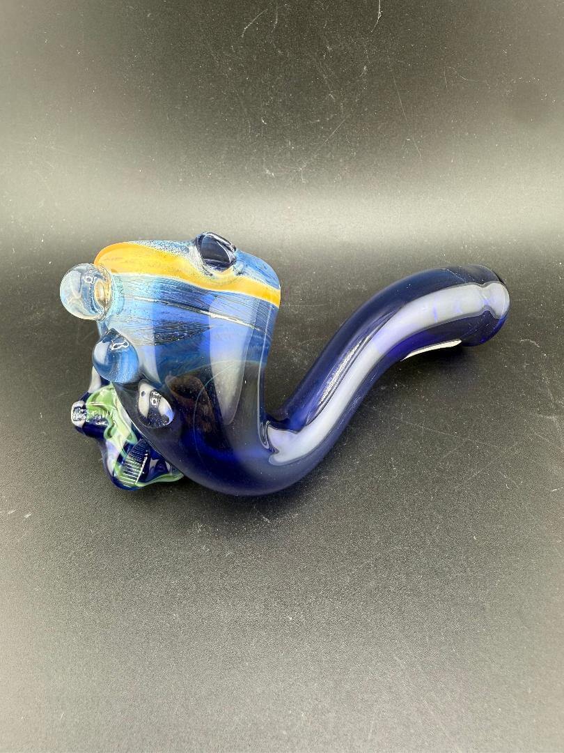 Tuck Glass Sherlock Pipe - Cobalt w/ Fume & Floral Attachment showcasing deep cobalt body and floral detail.