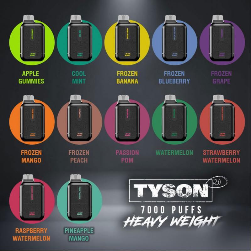 Tyson 2.0 Heavy Weight Disposable vapes in various flavors including Apple Gummies, Cool Mint, and Frozen Banana.
