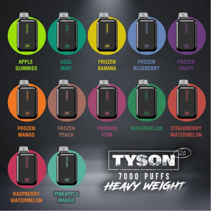 Tyson 2.0 Heavy Weight Disposable vapes in various flavors including Apple Gummies, Cool Mint, and Frozen Banana.