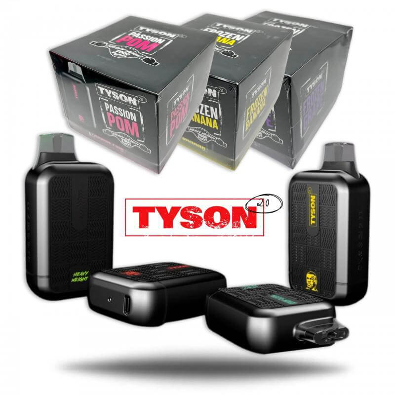 Tyson 2.0 Heavy Weight Disposable Vapes in various flavors with packaging shown for an ultimate vaping experience.