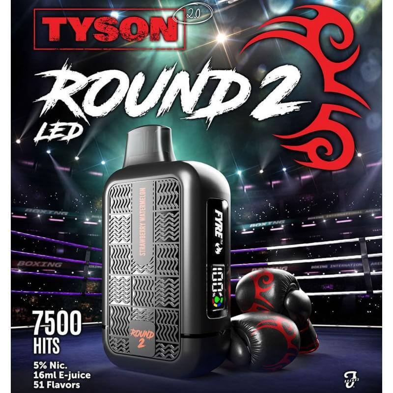 Tyson 2.0 Round 2 Disposable vape with LED, 7500 puffs, 5% nicotine, featuring boxing gloves in the background.