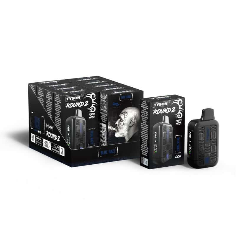 Tyson 2.0 Round 2 Disposable vape packaging with device, featuring Blue Raz flavor, for ultimate vaping experience.