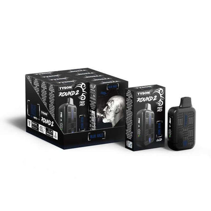 Tyson 2.0 Round 2 Disposable vape packaging with device, featuring Blue Raz flavor, for ultimate vaping experience.