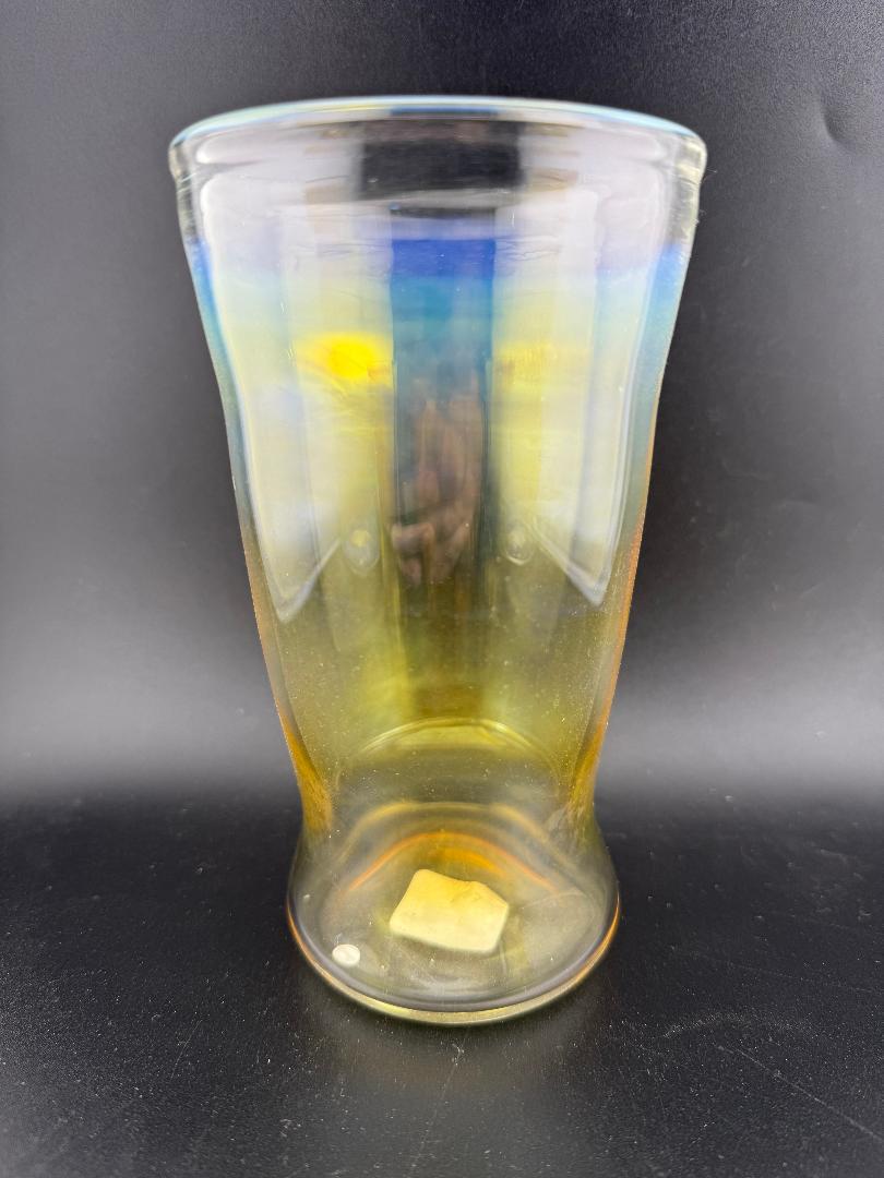 Unknown American Artist 16oz Fumed Cup Handcrafted glass showcasing vibrant color shifts and unique patterns.