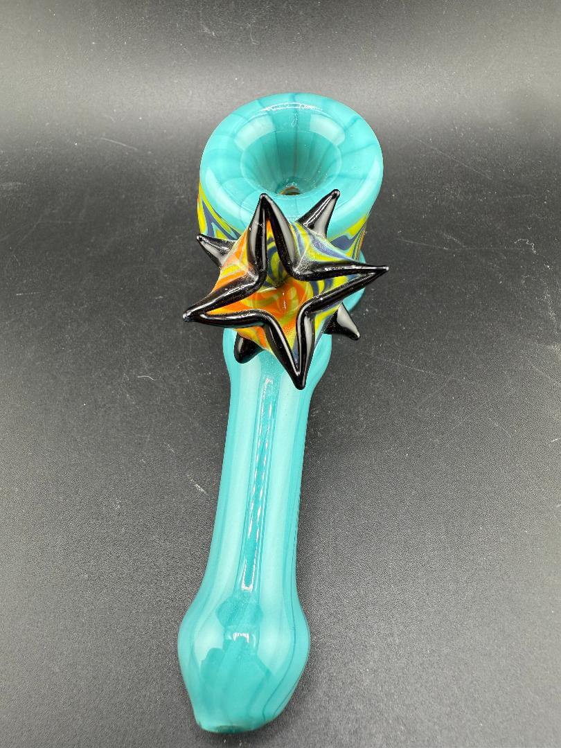 Unknown Artist Hammer Pipe - Teal w/ Yellow & Blue Wig Wag sections featuring a striking design and unique shape.