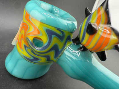 Unknown Artist Hammer Pipe - Teal  w/ Yellow & Blue Wig Wag sections close-up showing vibrant colors and unique design.