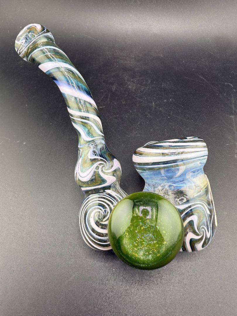Unknown Artist Sherlock Pipe -  Pink Green Linework w/ Dichro Pendant Attachment, featuring colorful swirl design and green orb.