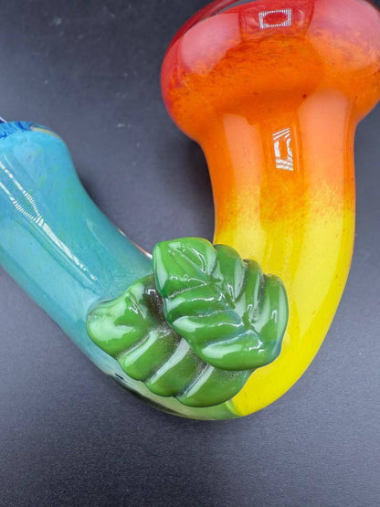 Unknown Artist Sherlock Pipe - Rainbow Frit w/ Leaf Attachment showcasing vibrant colors and a unique leaf design.