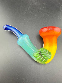 Unknown Artist Sherlock Pipe - Rainbow Frit w/ Leaf Attachment featuring vibrant colors and a sculpted leaf.