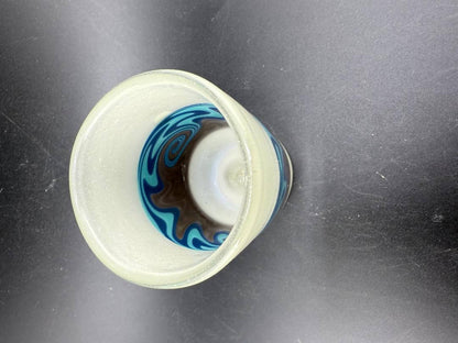 Unknown Artist Shot Glass - CFL Wig Wag Blue & Brown with vibrant blue and brown design.