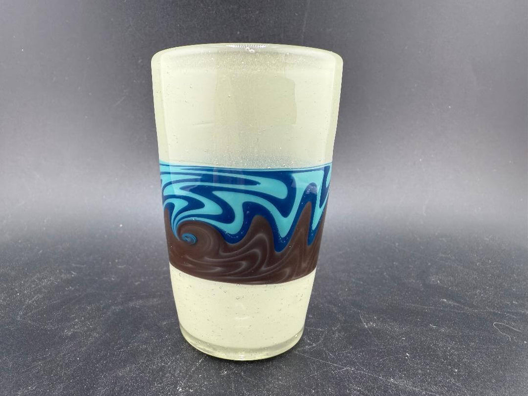 Unknown Artist Shot Glass - CFL Wig Wag Blue & Brown showcasing vibrant blue and brown wig wag pattern.