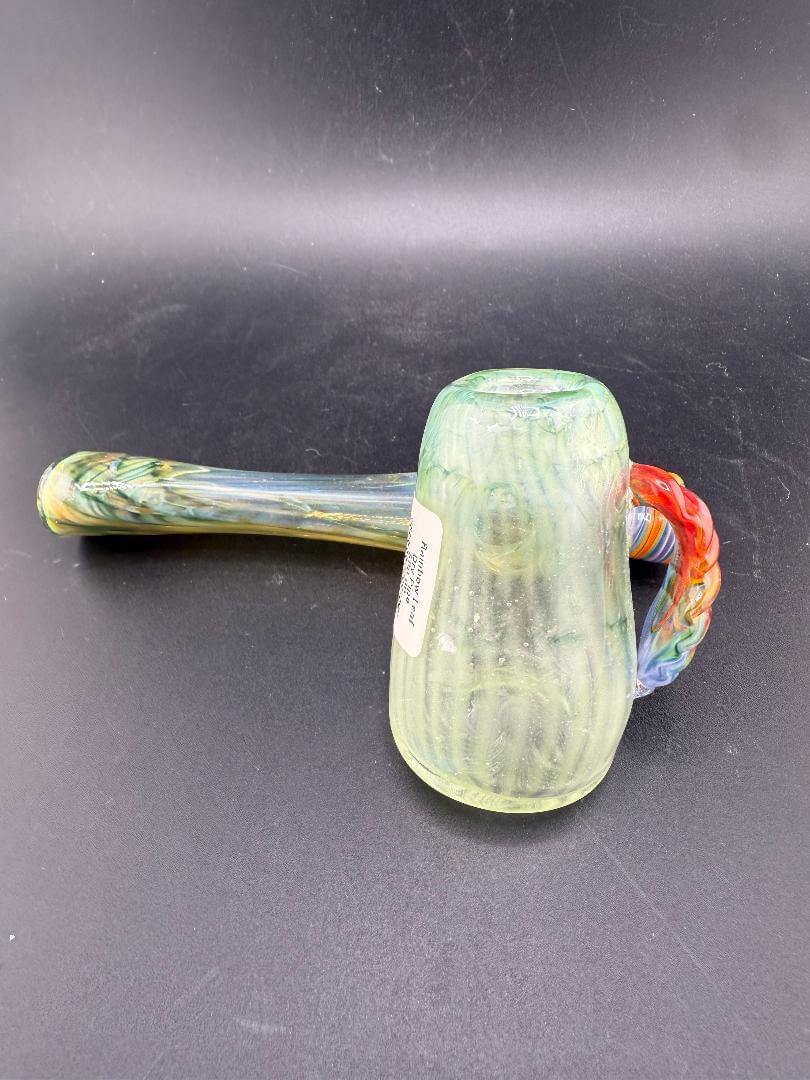 Unknown Artist Sidecar Pipe - Green w/ Rainbow Leaf & fumed Implosion Marble Attachments, side view on black background.