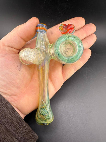 Unknown Artist Sidecar Pipe - Green w/ Rainbow Leaf & fumed Implosion Marble Attachments held in hand.
