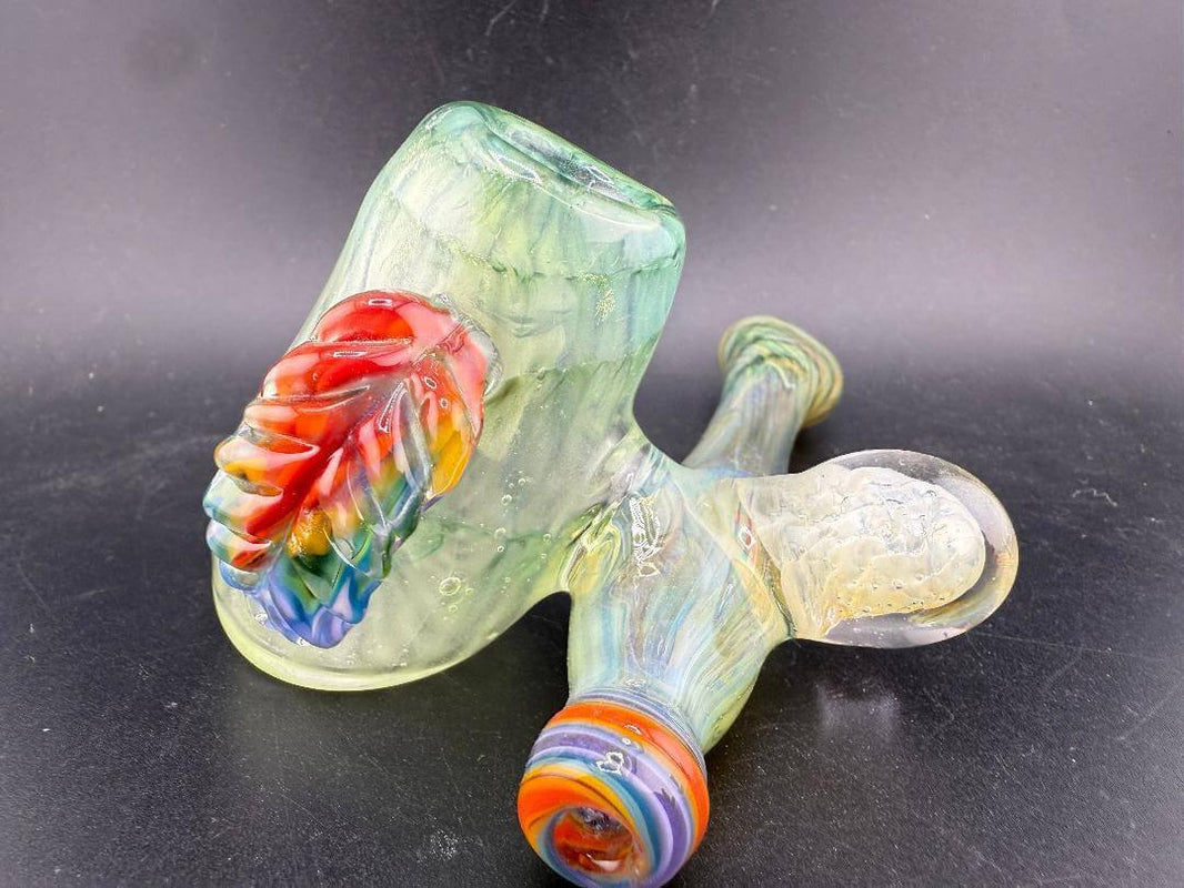 Unknown Artist Sidecar Pipe - Green w/ Rainbow Leaf & fumed Implosion Marble Attachments, featuring vibrant colors and unique design.