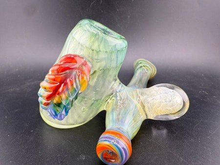 Unknown Artist Sidecar Pipe - Green w/ Rainbow Leaf & fumed Implosion Marble Attachments, featuring vibrant colors and unique design.