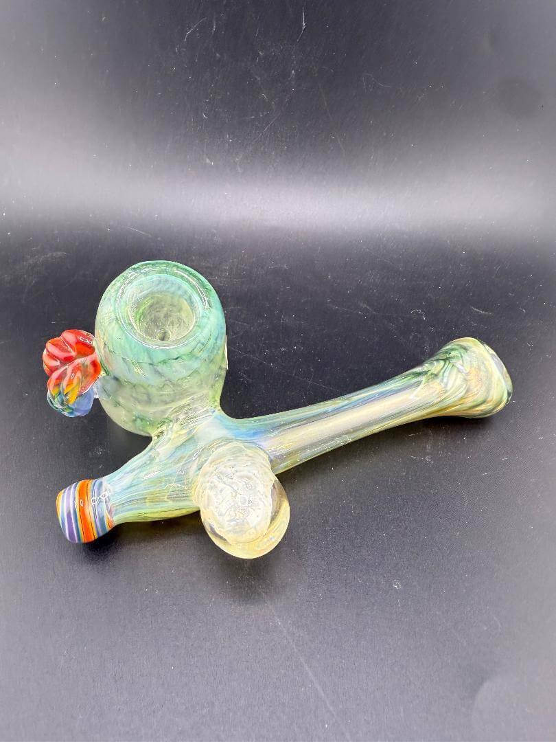Unknown Artist Sidecar Pipe - Green w/ Rainbow Leaf & fumed Implosion Marble Attachments