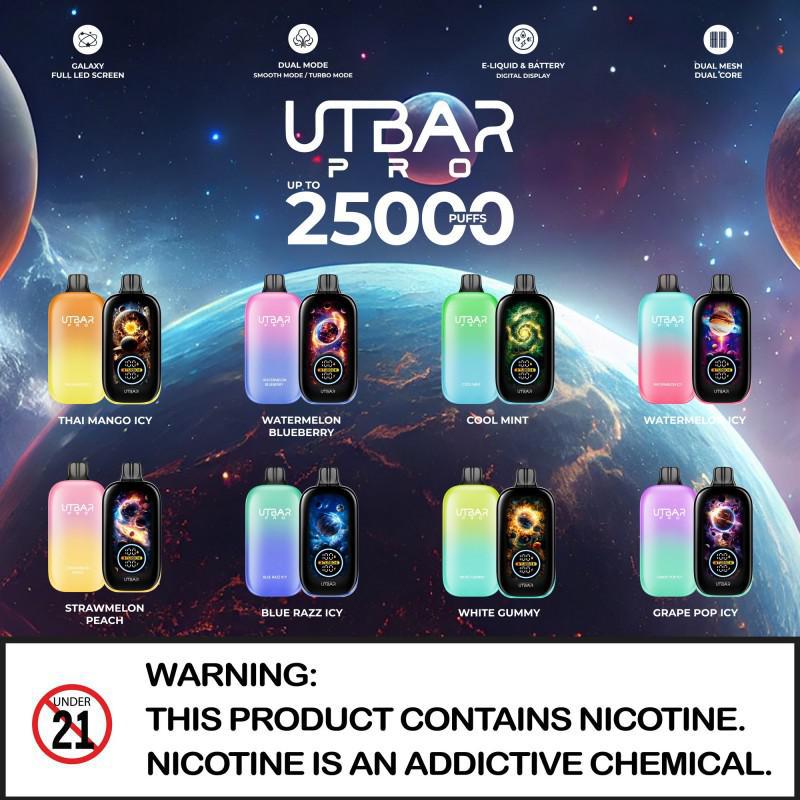 UTBAR Pro Disposable Vape flavors including Thai Mango Icy, Watermelon, and more, showcasing options for up to 2500 puffs.