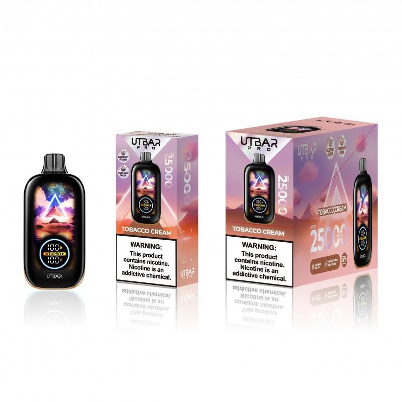 UTBAR Pro Disposable vape device and packaging showcasing Tobacco Cream flavor with warning labels.