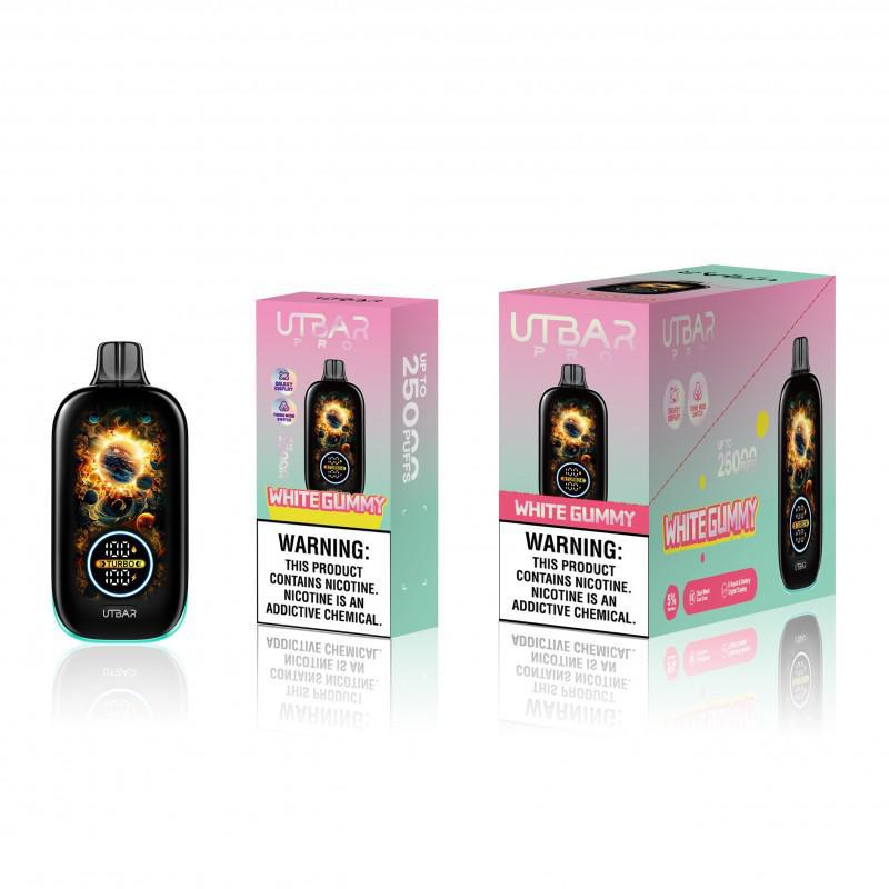 UTBAR Pro Disposable Vaping Device with White Gummy Flavor and packaging, 25000 puffs, 5% nicotine.