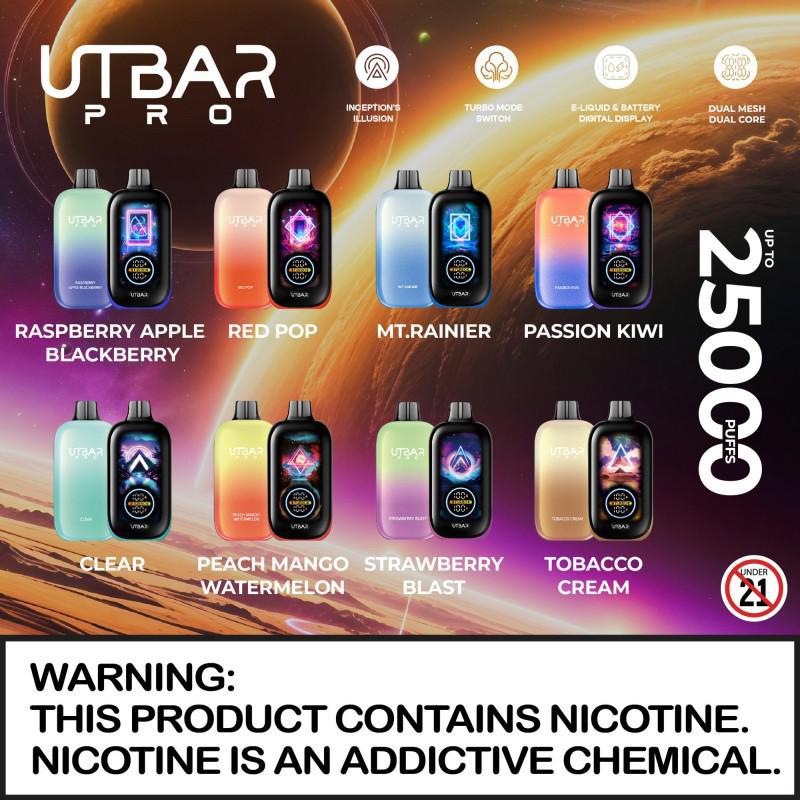 UTBAR Pro Disposable 5% vape flavors display, featuring Raspberry Apple Blackberry and Tobacco Cream among others.