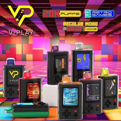 V Play Retro 20k Disposable Vape featuring retro games and sleek design with 20,000 puffs for a satisfying vaping experience.