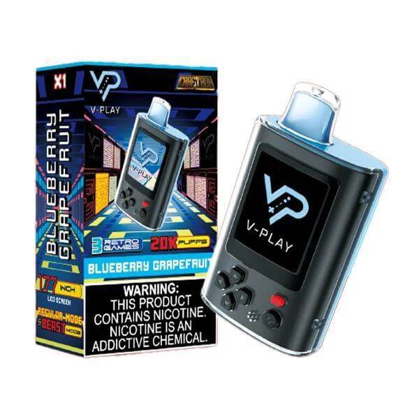V Play Retro 20k Disposable Vape in Blueberry Grapefruit flavor with retro design and warning label.