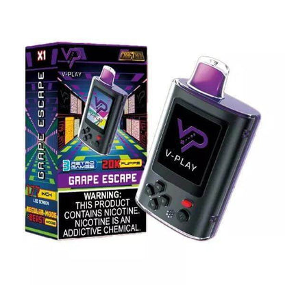 V Play Retro 20k Disposable Vape in Grape Escape flavor, featuring a sleek design and bold graphics, perfect for on-the-go vaping.