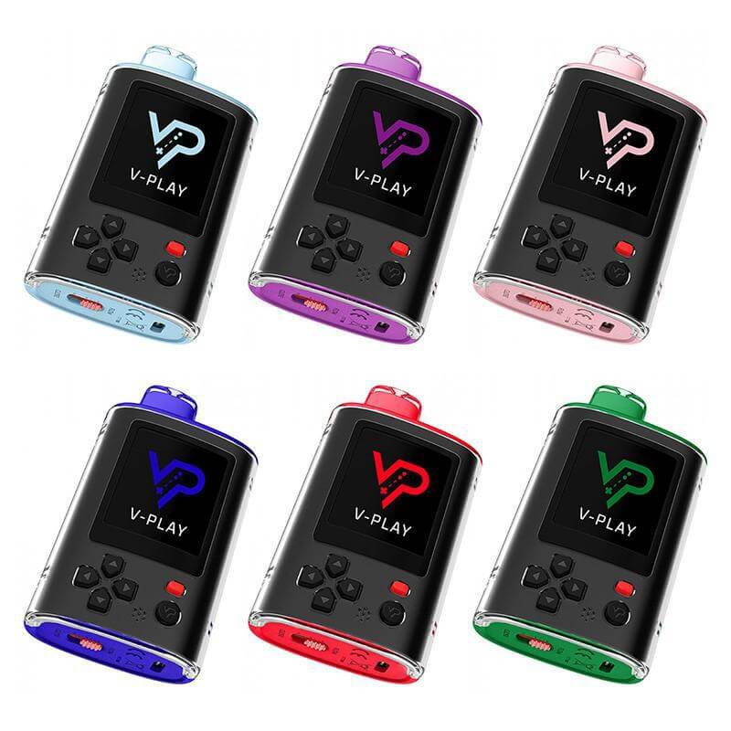 V Play Retro 20k Disposable Vape in six vibrant colors showcasing sleek design and high-quality features.