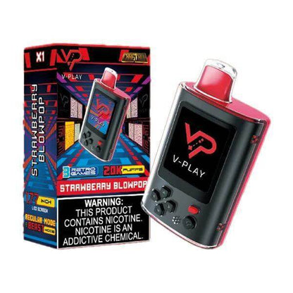 V Play Retro 20k Disposable Vape with Strawberry Blowpop flavor and retro gaming design.