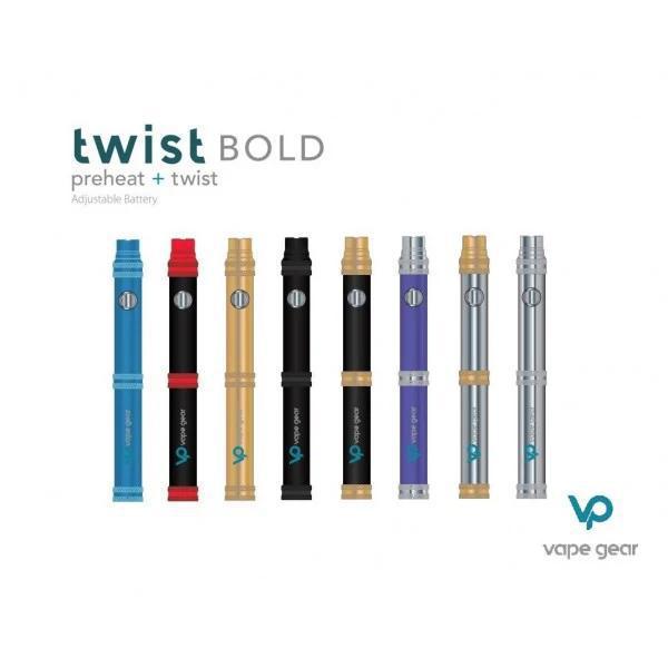 Vape Gear Twist Bold 510 Battery in multiple colors showcasing adjustable voltage and sleek design.