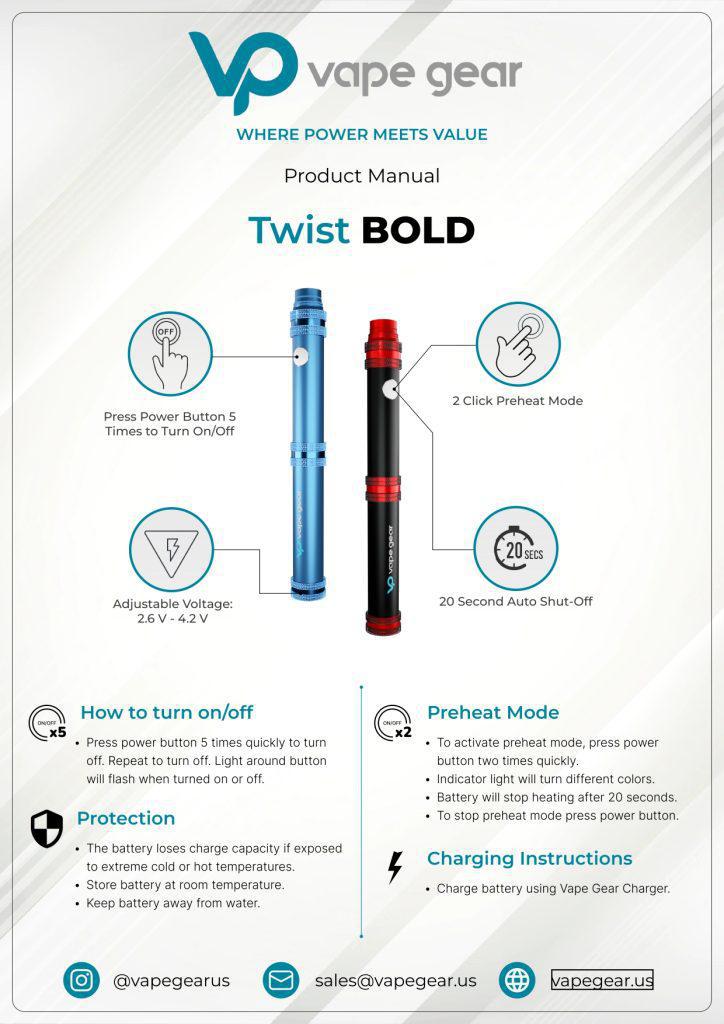 Vape Gear Twist Bold 510 Battery product manual with features and instructions for adjustable voltage.