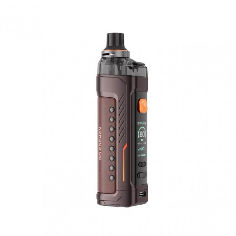 Vaporesso Armour GS Kit in brown, compact design, showcasing digital display and button features for DTL vaping.