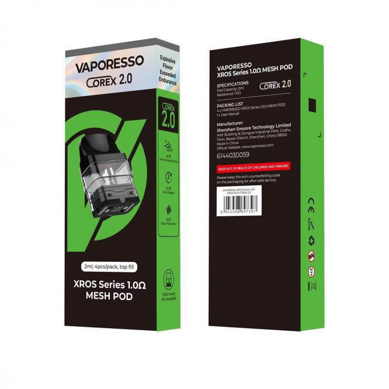 Vaporesso COREX 2.0 Pod packaging featuring XROS Series 1.0Ω Mesh Pod, 2ml capacity, and top-fill design.