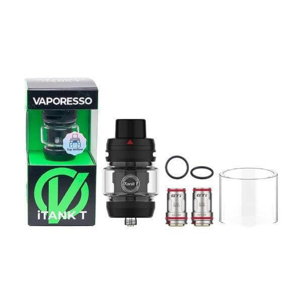 Vaporesso iTank T Tank with packaging, mesh coils, and accessories for vaping enthusiasts.