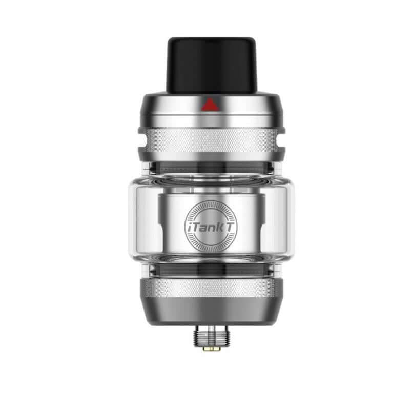 Vaporesso iTank T Tank in silver and glass, showcasing the top-fill design and Turbo Airflow System.