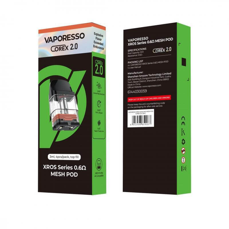 Vaporesso Corex 2.0 XROS Series 0.6Ω Mesh Pod with enhanced flavor and leak-resistant design.
