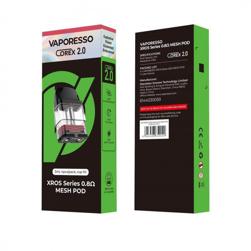 Vaporesso XROS Series 0.8Ω Mesh Pod packaging, featuring enhanced airflow and leak-resistant design.