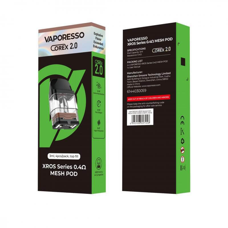 Vaporesso XROS Series 0.4Ω Mesh Pod packaging showcasing enhanced airflow and leak-resistance technology.