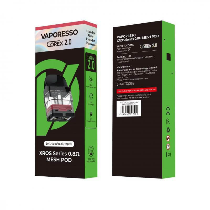 Vaporesso XROS CoreX 2.0 pods packaging, 0.8Ω mesh, 2ml capacity, leak-resistant features, compatible with XROS devices.