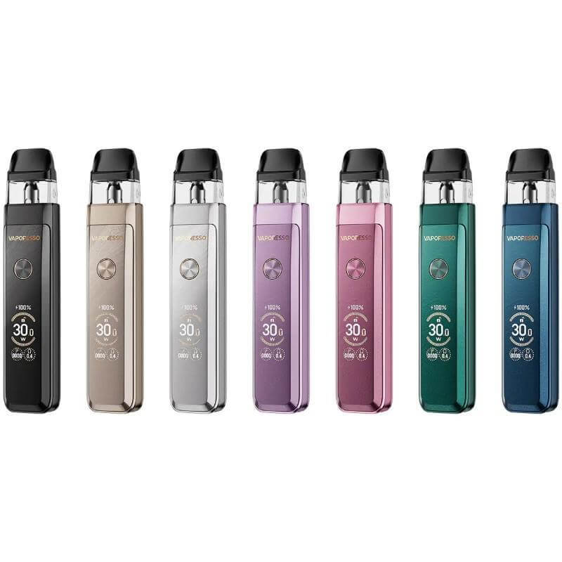 Vaporesso XROS Pro 2 vape device assortment in multiple colors with adjustable power options.