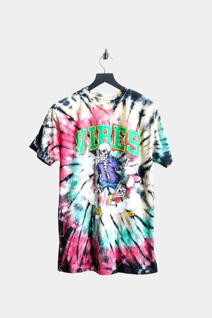 Vibes Skull and Cones Shirt - Multi-Color displayed on a hanger with a vibrant tie-dye pattern.