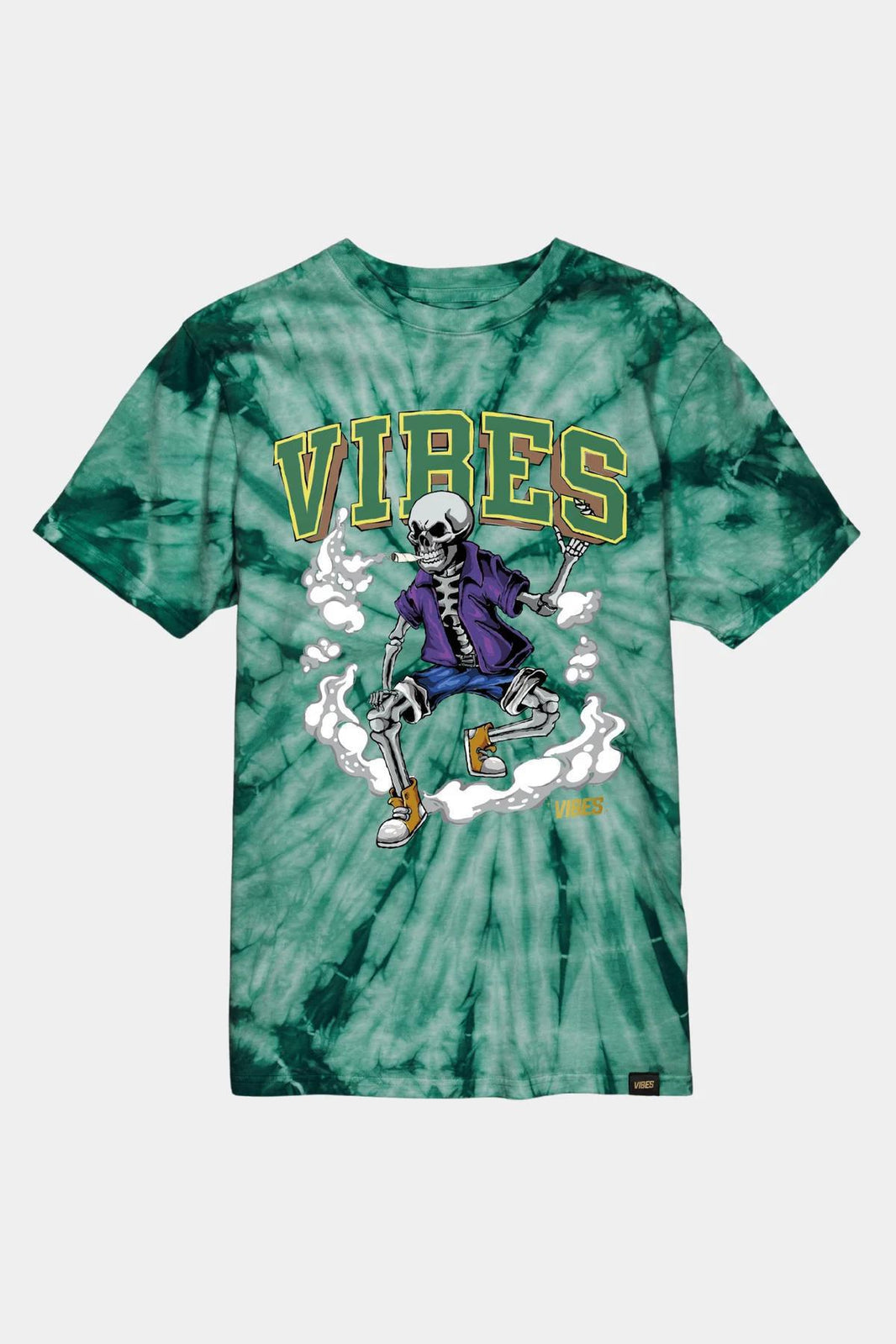 Vibes Skull and Cones Shirt - Green featuring a bold skeleton graphic on a tie-dye background.