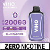Viho 20K Disposable Vape in Blue Razz Ice flavor, zero nicotine, up to 20,000 puffs, showcasing sleek design.