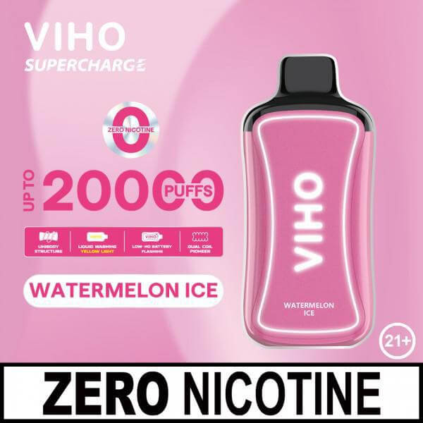 Viho 20K Disposable Vape in Watermelon Ice flavor, zero nicotine formula, offers up to 20,000 puffs.