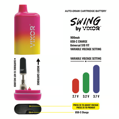 Vixor Swing 900mAh Auto-draw 510 Cartridge Battery with variable voltage settings and USB-C charge.