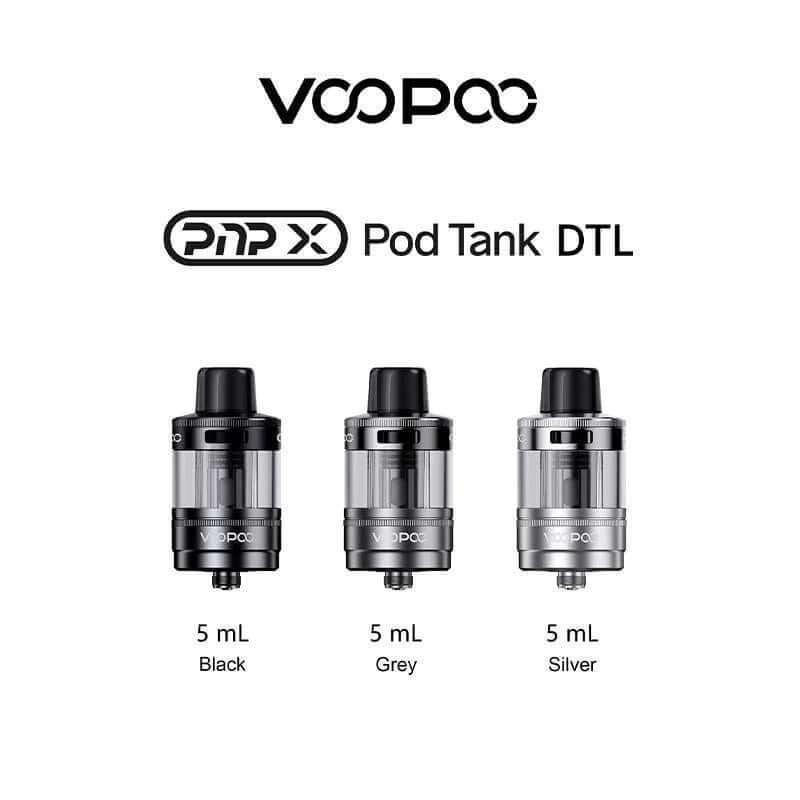 Voopoo PNP-X Pod Tank DTL in black, grey, and silver with 5.0 ML capacity and top-adjustable airflow.